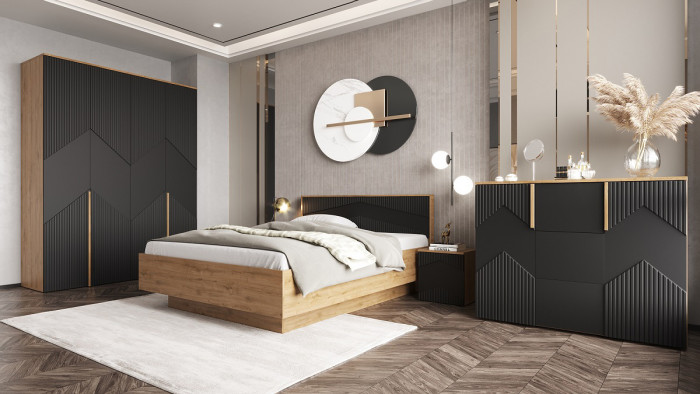 Кровать двуспальная 160х200 "Оливия" с щитовым основанием - Дуб наварра/Шагрень черная