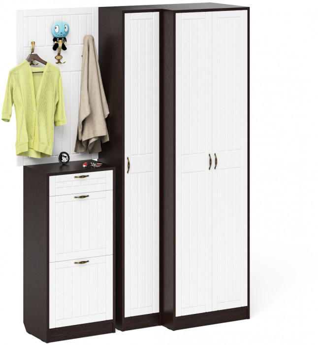 Прихожая П-6 Компоновка № 30, цвет венге/фасады МДФ белое дерево фрезеровка прованс, ШхГхВ 150х50х210 см., универсальная сборка