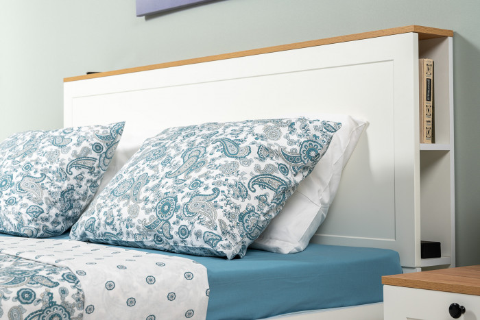 Остин 11.53 Кровать + ортопед + 13.227 Шкаф-пенал + 16.152 Тумба прикроватная, белый шагрень/дуб крафт золотой