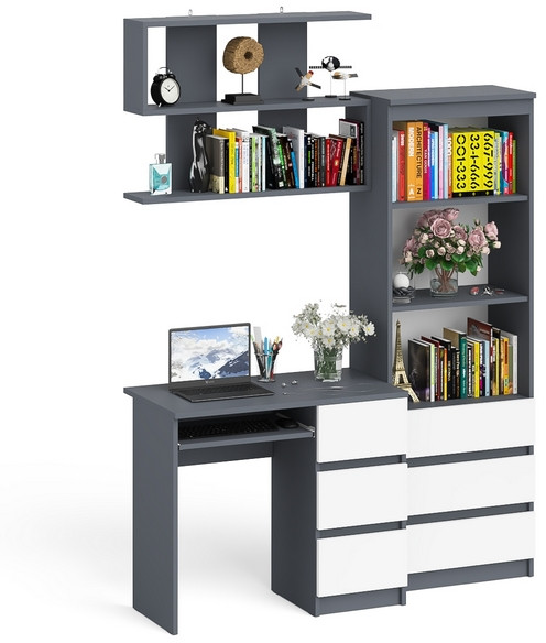 Мори Стол компьютерный МС-6 правый + Стеллаж МСТ600.3 + Полка 900, цвет графит/белый, ШхГхВ 150,4х50х209,6 см., НЕ универсальная сборка