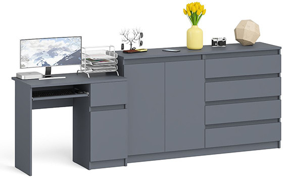 Мори компьютерный стол МС-1 правый + Комод МК1600.1, графит