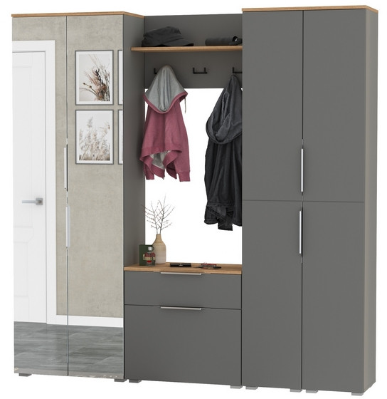 Октава Прихожая 29, цвет серый графит/дуб крафт золотой/фасады МДФ серый графит, ШхГхВ 193,7х35,4х197,6 см., универсальная сборка