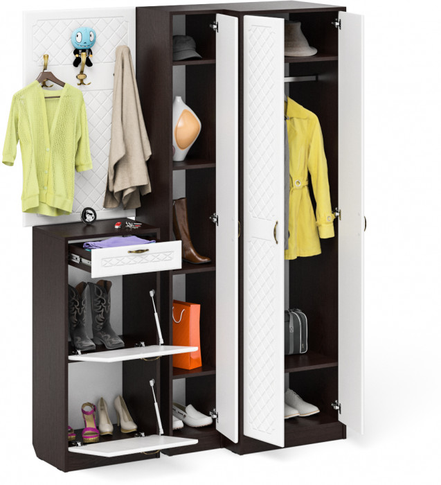 Прихожая П-6 Компоновка № 30, цвет венге/фасады МДФ белое дерево фрезеровка ромб, ШхГхВ 150х50х210 см., универсальная сборка