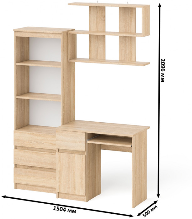 Мори Стол компьютерный МС-1 левый + Стеллаж МСТ600.3 + Полка 900, цвет дуб сонома, ШхГхВ 150,4х50х209,6 см., НЕ универсальная сборка