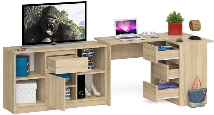 Мори Стол компьютерный МС-16 правый + Тумба МТВ1204.1, цвет дуб сонома, ШхГхВ 244,8х84,9х76,6 см., выдвижные ящики справа, НЕ универсальная сборка