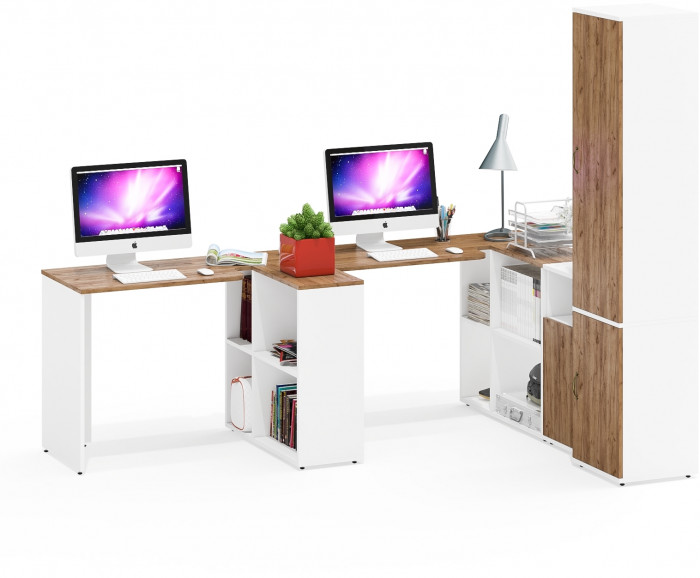 Лидер-8 Стол + Стол + Пенал МД 22Б + Тумба МД 3.19, белый шагрень/крафт золото