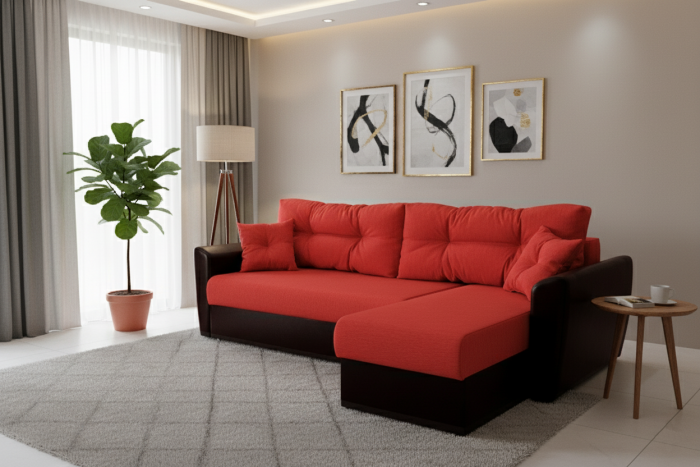 Диван-еврокнижка угловой Амстердам, 160х200, велюр/экокожа красный