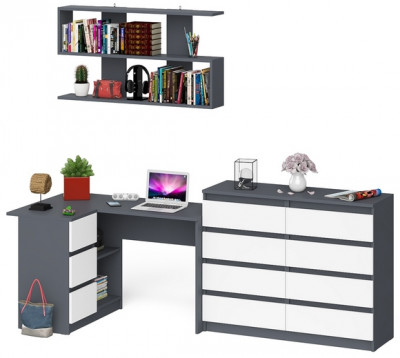 Мори компьютерный стол МС-16 левый + Комод МК1200.8 + Полка 1200, графит/белый