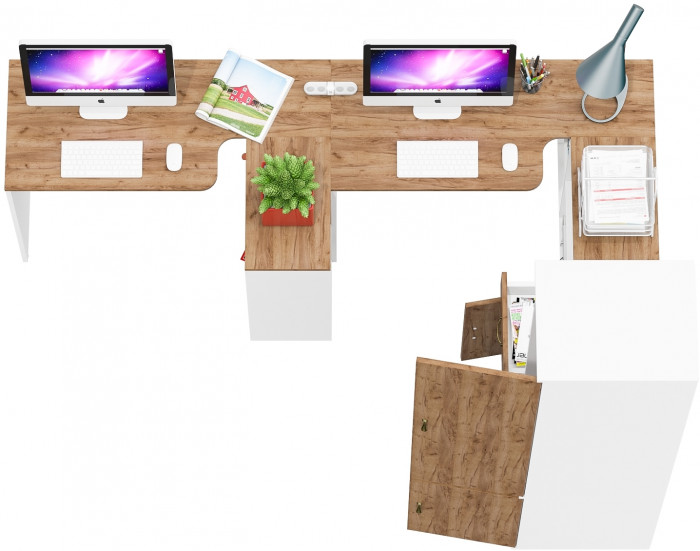 Лидер-8 Стол + Стол + Пенал МД 23Б + Тумба МД 3.15, цвет белый шагрень/крафт золото, ШхГхВ 410х50х75/190 или 230х160/50х75/190 см., НЕ ун. сб.