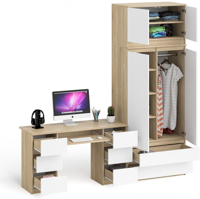 Мори Стол компьютерный МС-2 + Шкаф МШ900.1 + Антресоль МА900.1, цвет дуб сонома/белый, ШхГхВ 225,8х50,4х234,2 см., универсальная сборка