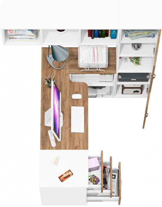 Лидер-8 Стол + Полка + Тумба МД 3.16 + Пенал, белый шагрень/крафт золото