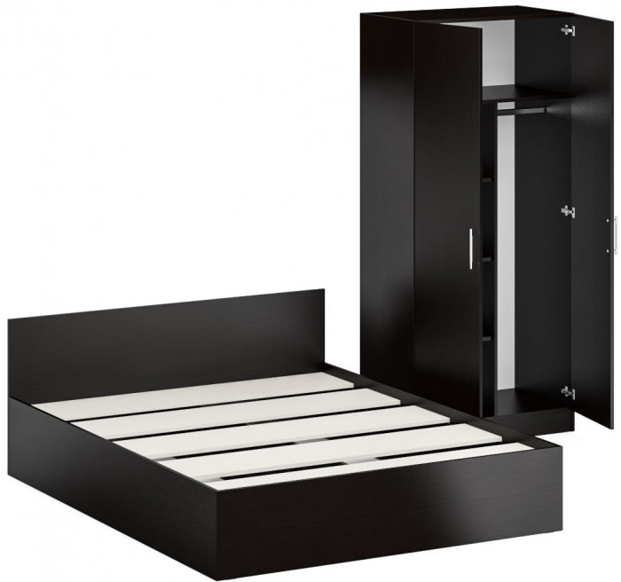 Кровать 1400 + Шкаф 2-х створчатый Стандарт, цвет венге, ШхГхВ 143,5х203,5х70 + 90х52х200 см., сп.м. 1400х2000 мм., без матраса, основание есть