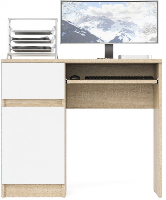 Мори Стол компьютерный МС-1 левый, цвет дуб сонома/белый, ШхГхВ 90х50х76,6 см., выдвижной ящик слева, НЕ универсальная сборка