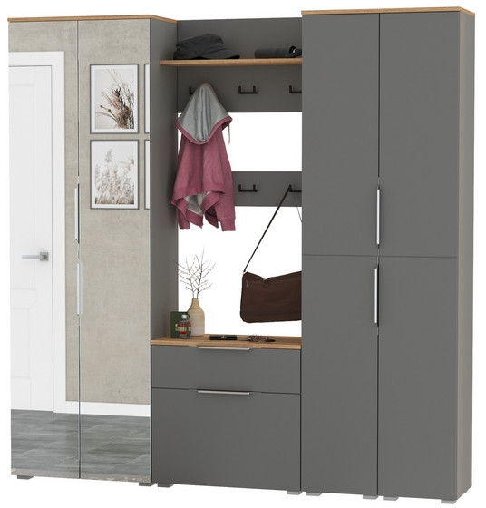 Октава Прихожая 31, цвет серый графит/дуб крафт золотой/фасады МДФ серый графит, ШхГхВ 193,7х35,4х197,6 см., универсальная сборка