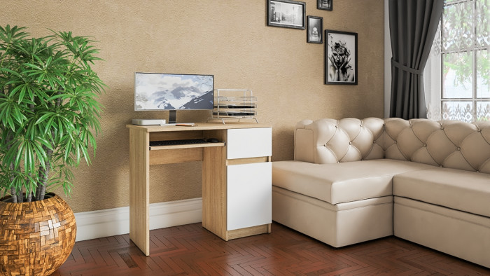 Мори Стол компьютерный МС-1 правый, цвет дуб сонома/белый, ШхГхВ 90х50х76,6 см., выдвижной ящик справа, НЕ универсальная сборка