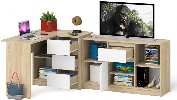 Мори Стол компьютерный МС-16 правый + Тумба МТВ1204.1, цвет дуб сонома/белый, ШхГхВ 244,8х84,9х76,6 см., выдвижные ящики справа, НЕ универс. сборка