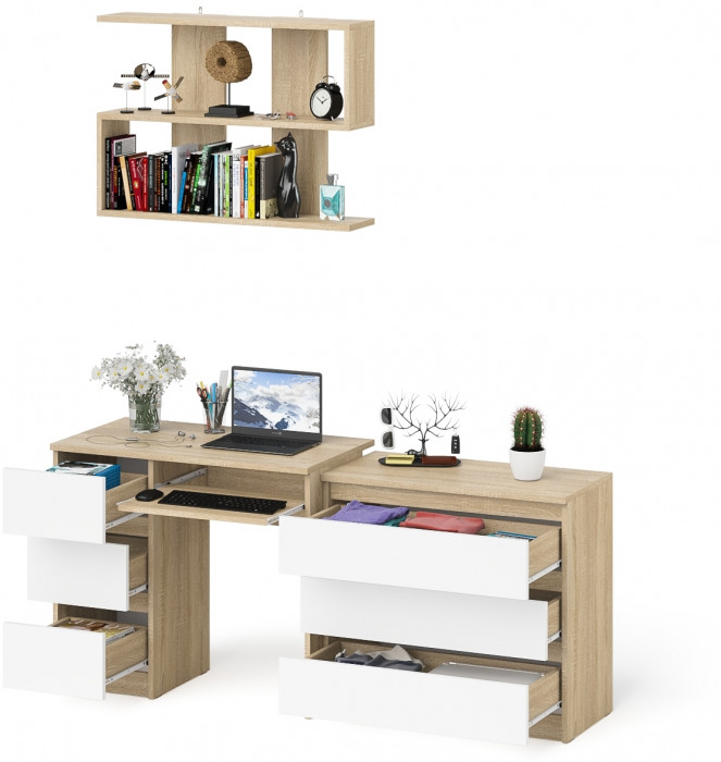 Мори Стол компьютерный МС-6 левый + Комод МК800.1 + Полка 900, цвет дуб сонома/белый, ШхГхВ 170,4х50х209,6 см., НЕ универсальная сборка