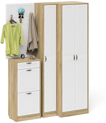 Прихожая П-6 Компоновка № 30, дуб сонома/фасады МДФ белое дерево фрезеровка ромб