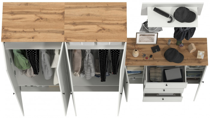 Остин Прихожая 27, цвет белый шагрень/дуб крафт золотой, ШхГхВ 280х54,3х229,6 см., универсальная сборка