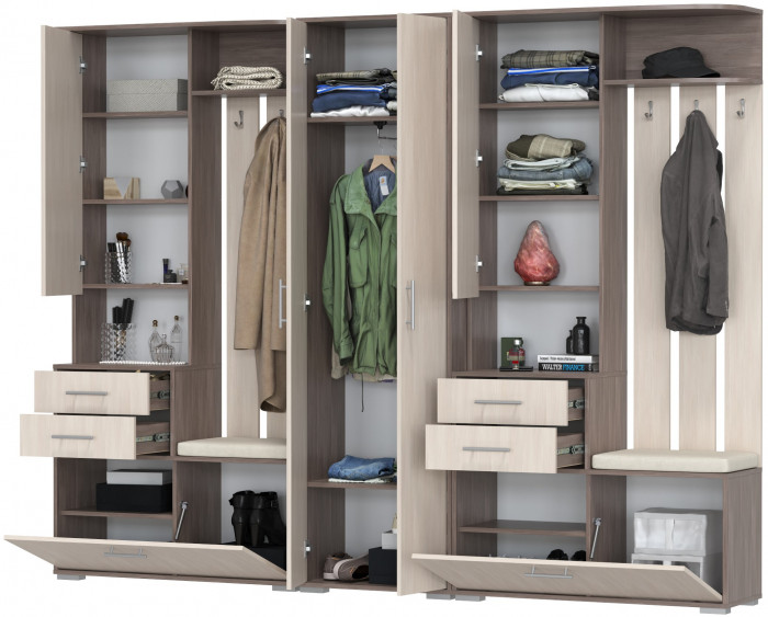 Прихожая Домино 3, цвет бодега тёмный/бодега светлый, ШхГхВ 260х36х202 см., универсальная сборка