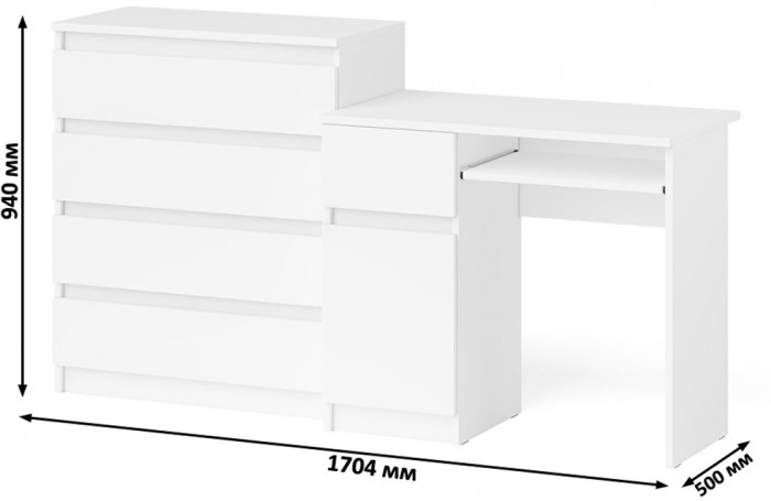 Мори Стол компьютерный МС-1 левый + Комод МК800.4, цвет белый, ШхГхВ 170,4х50х94 см., выдвижной ящик слева, НЕ универсальная сборка