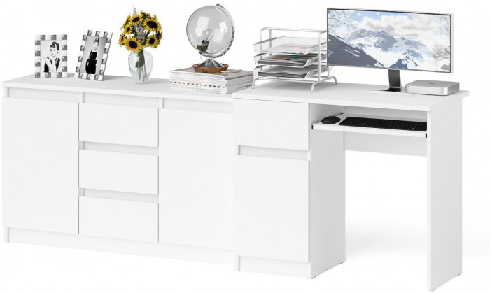 Мори Стол компьютерный МС-1 левый + Комод МК1200.3, цвет белый, ШхГхВ 210,4х50х76,6 см., выдвижной ящик слева, НЕ универсальная сборка