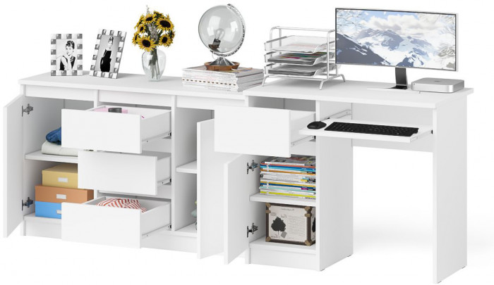 Мори Стол компьютерный МС-1 левый + Комод МК1200.3, цвет белый, ШхГхВ 210,4х50х76,6 см., выдвижной ящик слева, НЕ универсальная сборка