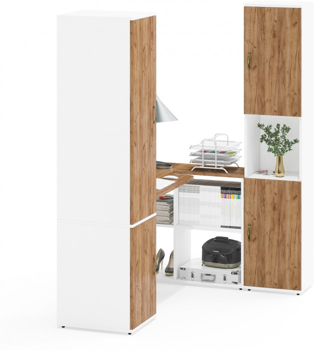 Лидер-8 Пенал МД 23Б + Стол + Пенал, белый шагрень/крафт золото