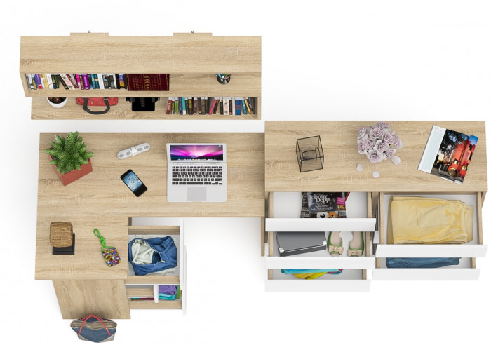 Мори компьютерный стол МС-16 левый + Комод МК1200.8 + Полка 1200, дуб сонома/белый