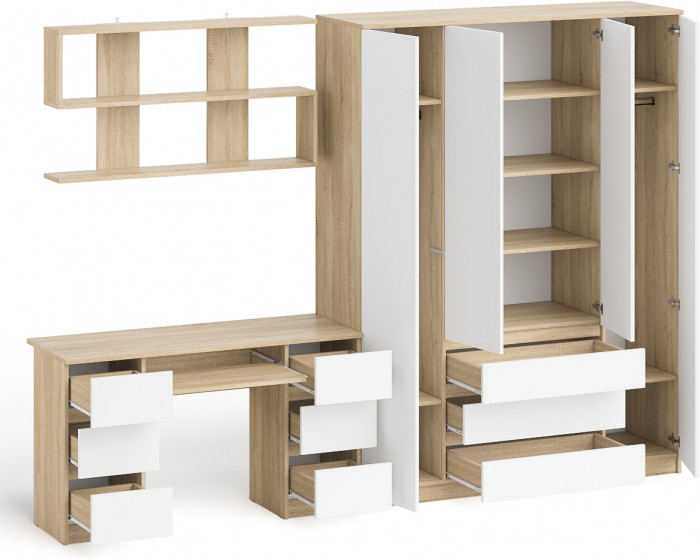 Мори компьютерный стол МС-2 + Шкаф МШ1600.1 + Полка 1200, дуб сонома/белый