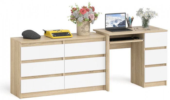 Мори компьютерный стол МС-6 правый + Комод МК1200.6, дуб сонома/белый
