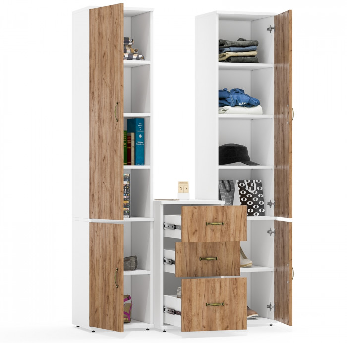 Лидер-8 Пенал МД 22Б + Пенал МД 22Б + Тумба МД 3.16, цвет белый шагрень/крафт золото, ШхГхВ 120х50х190 см., универсальная сборка