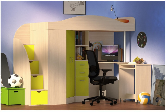 Кровать-чердак Юниор 4 (Ясень Анкор Темный/Оранжевый)