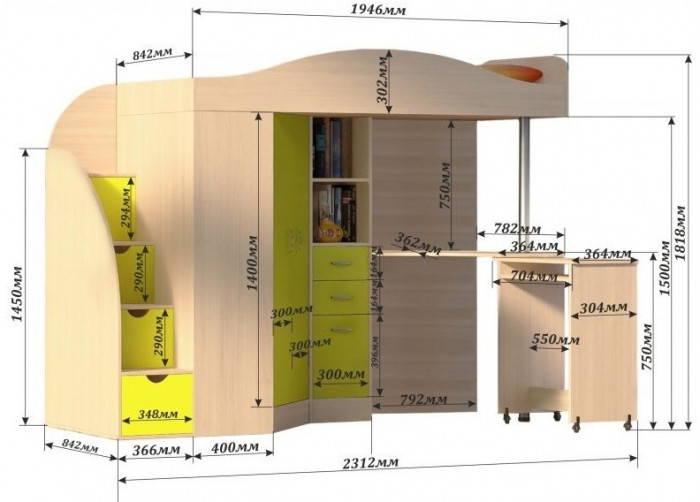 Кровать-чердак Юниор 4 (Ясень Анкор Темный/Оранжевый)