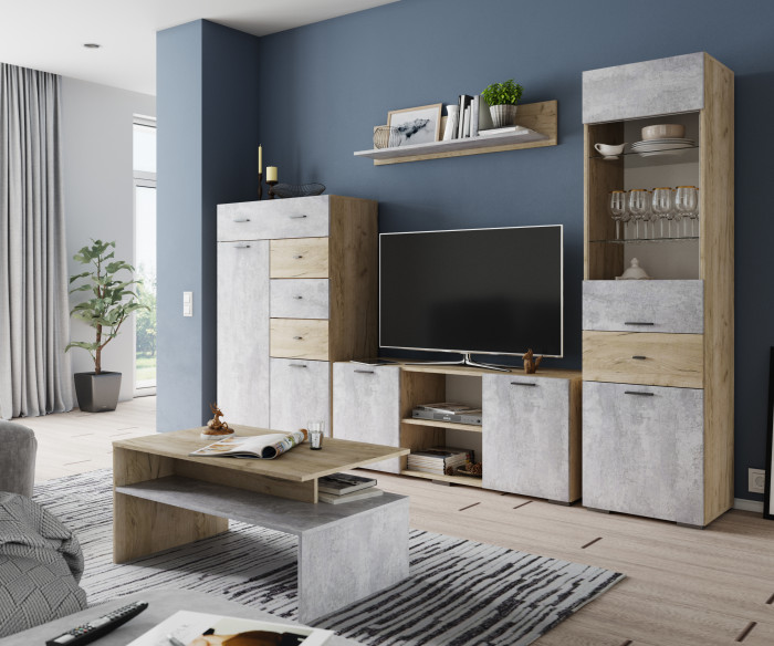 Модульная гостиная Дублин, набор №2, Дуб крафт серый/Цемент