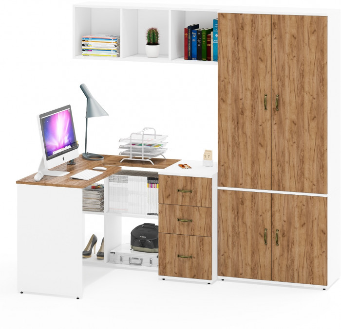 Лидер-8 Стол + Полка + Тумба МД 3.16 + Шкаф МД 20Б, белый шагрень/крафт золото