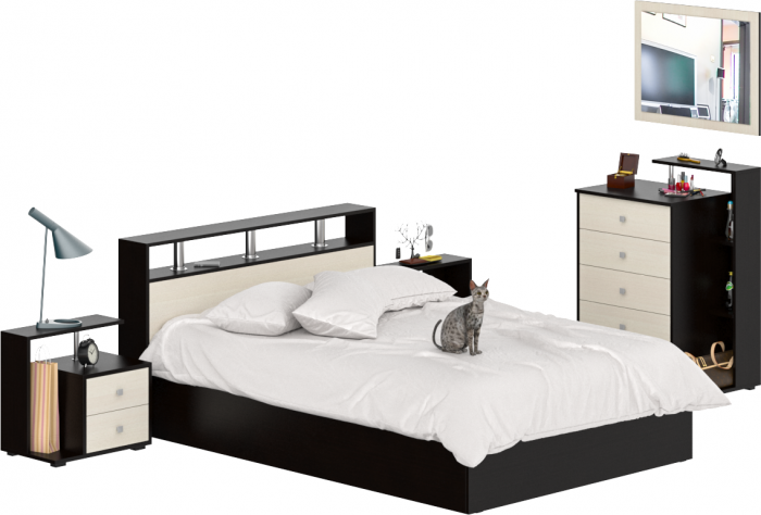 Камелия спальня № 5 Кровать 1400 + Две тумбы + Комод + Зеркало, цвет венге/дуб лоредо, сп.м. 1400х2000 мм., б/м, основание есть