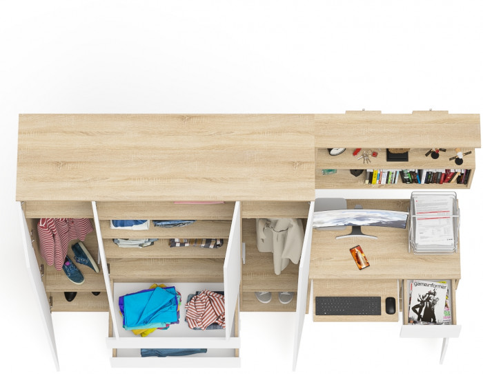 Мори компьютерный стол МС-1 правый + Шкаф МШ1600.1 + Полка 900, дуб сонома/белый