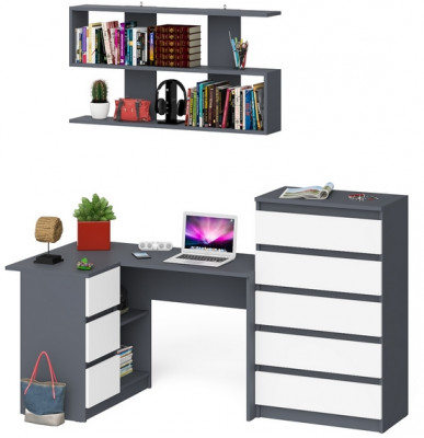 Мори компьютерный стол МС-16 левый + Комод МК700.5 + Полка 1200, графит/белый