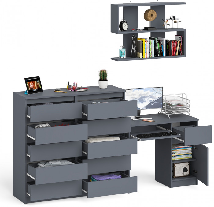 Мори Стол компьютерный МС-1 правый + Комод МК1200.10 + Полка 900, цвет графит, ШхГхВ 210,4х50х209,6 см., НЕ универсальная сборка