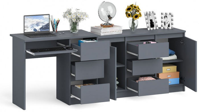 Мори Стол компьютерный МС-6 правый + Комод МК1200.3, цвет графит, ШхГхВ 210,4х50х76,6 см., выдвижные ящики справа, НЕ универсальная сборка