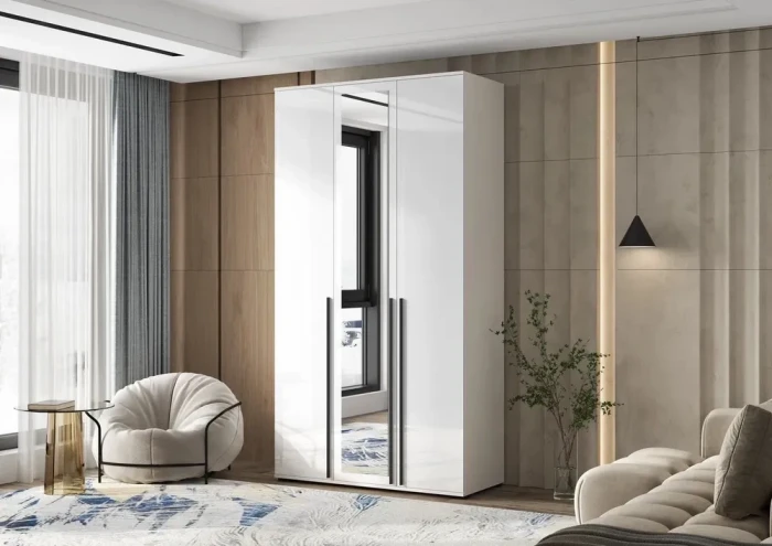 Норд Шкаф 3-х створчатый 1200 с зеркалом, Белый глянец/Белый