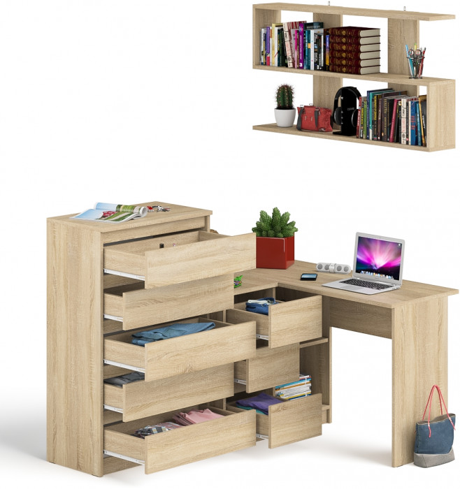 Мори компьютерный стол МС-16 левый + Комод МК700.5 + Полка 1200, дуб сонома
