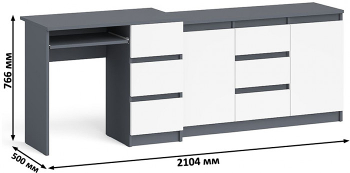 Мори Стол компьютерный МС-6 правый + Комод МК1200.3, цвет графит/белый, ШхГхВ 210,4х50х76,6 см., выдвижные ящики справа, НЕ универсальная сборка