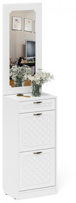 Прихожая П-6 Тумба для обуви 2 секции + Зеркало, белая шагрень/фасады МДФ белое дерево фрезеровка ромб