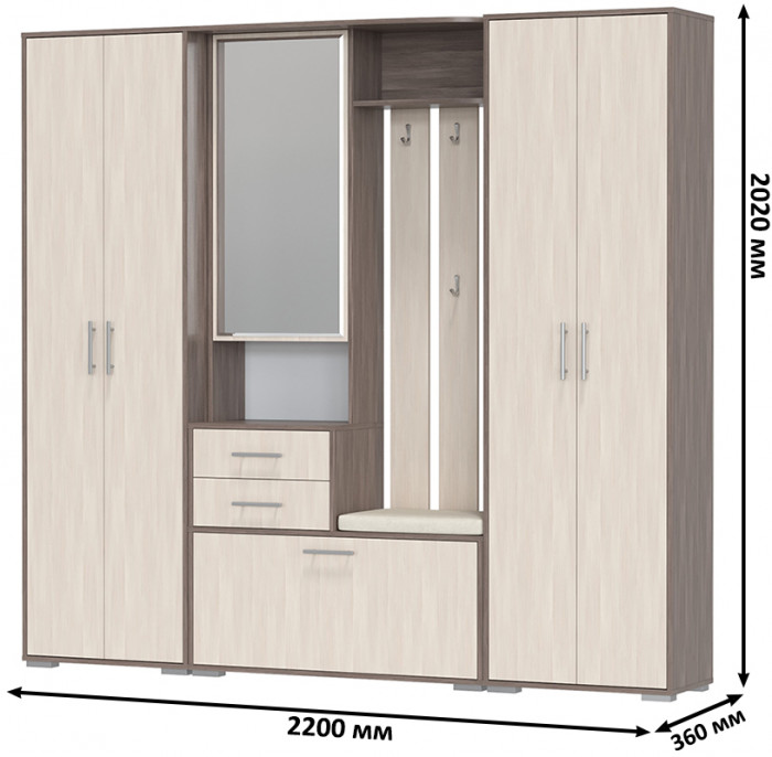 Прихожая Домино 4, цвет бодега тёмный/бодега светлый, ШхГхВ 220х36х202 см., универсальная сборка