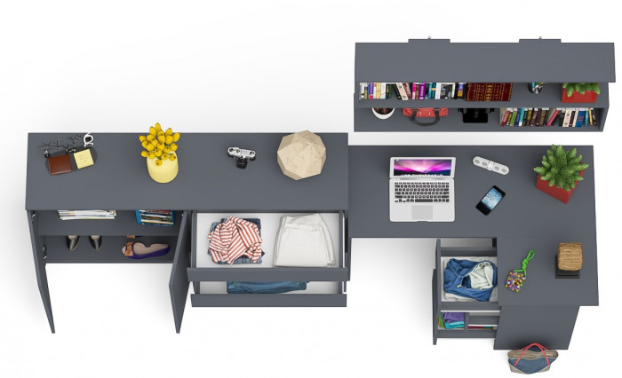 Мори компьютерный стол МС-16 правый + Комод МК1600.1 + Полка 1200, графит