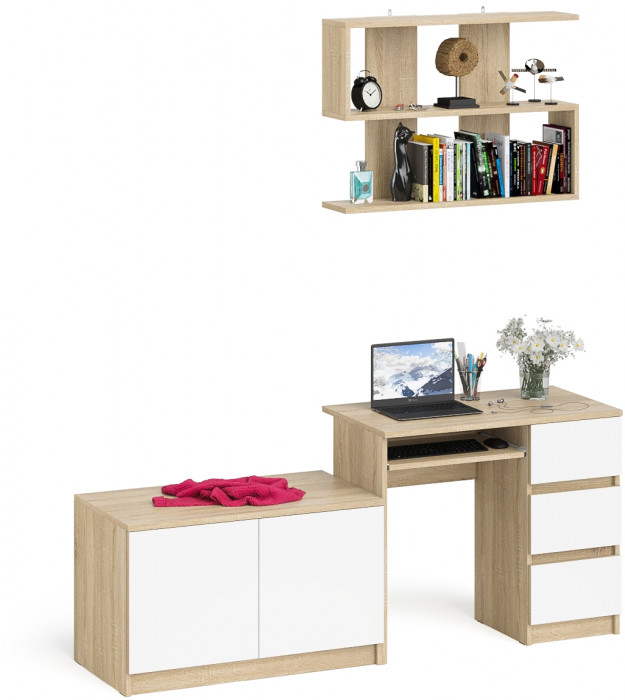 Мори Стол компьютерный МС-6 правый + Тумба МА900.1 + Полка 900, цвет дуб сонома/белый, ШхГхВ 180,4х50,4х209,6 см., НЕ универсальная сборка