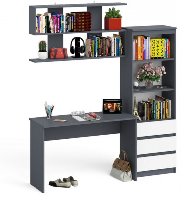 Мори Стол письменный МСП1200.1 + Стеллаж МСТ600.3 + Полка 1200, цвет графит/белый, ШхГхВ 180,8х50х209,6 см., универсальная сборка