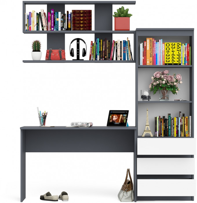 Мори Стол письменный МСП1200.1 + Стеллаж МСТ600.3 + Полка 1200, цвет графит/белый, ШхГхВ 180,8х50х209,6 см., универсальная сборка